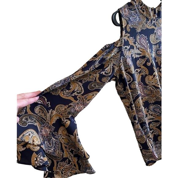 Veronica M. Navy Blue Paisley Print Long Belll Sleeve Cold-Shoulder Blouse Large - Picture 4 of 6